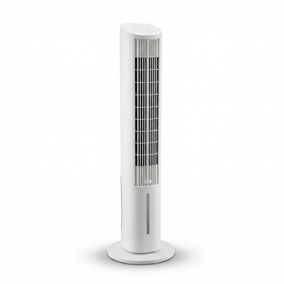 Un elegante ventilador de torre blanco con rejillas y un indicador de nivel de agua.