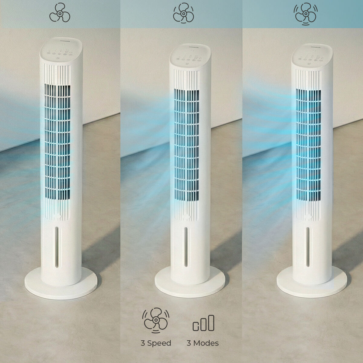Tres ventiladores de torre blancos con diferente intensidad de flujo de aire.