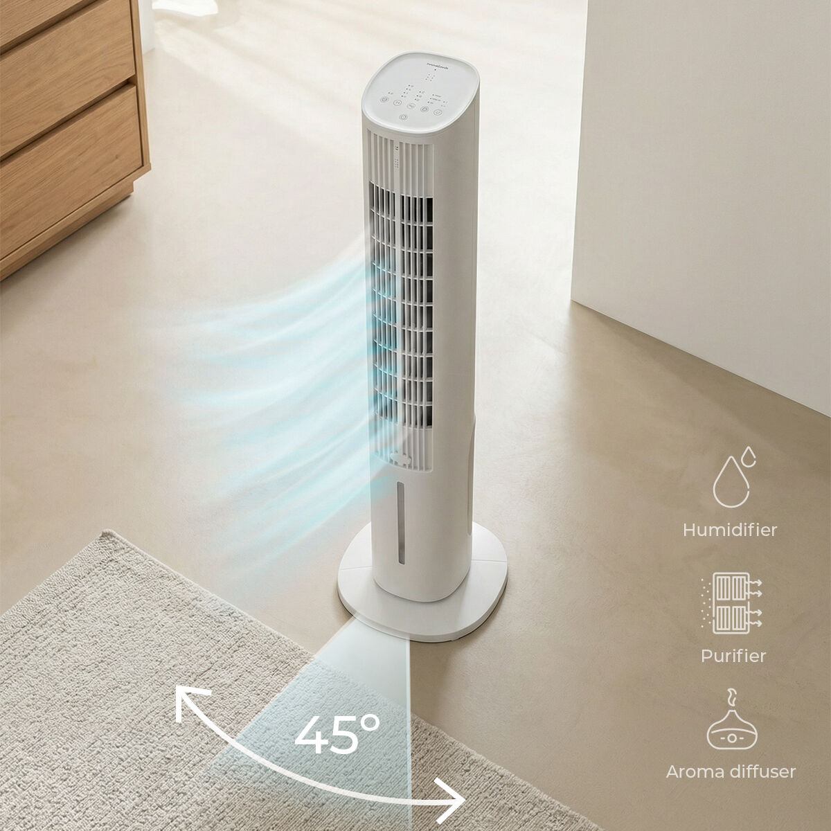 Un ventilador de torre blanco en un suelo claro, emitiendo aire azul, con iconos de humidificador, purificador y difusor de aroma.