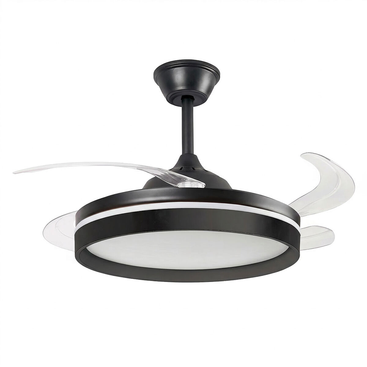 Ventilatore da soffitto nero con pale trasparenti retrattili e luce LED.