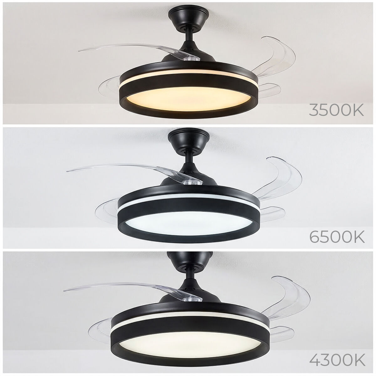 Ventilatore da soffitto con luce in tre temperature colore: bianco caldo, freddo e neutro.
