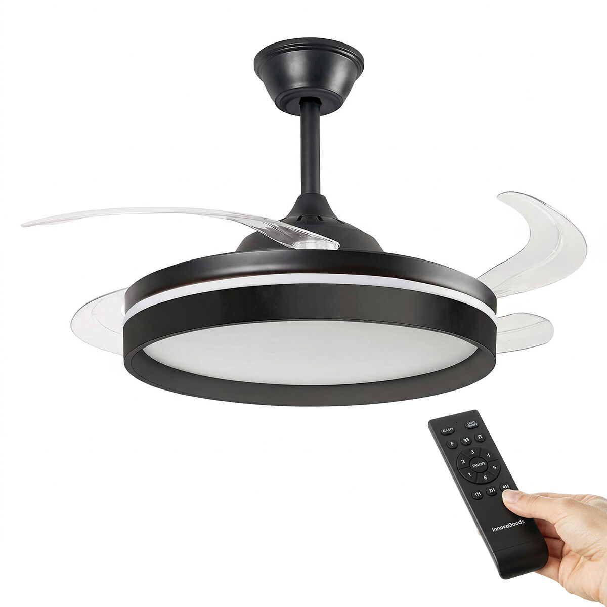 Ventilatore da soffitto nero con pale retrattili e telecomando.
