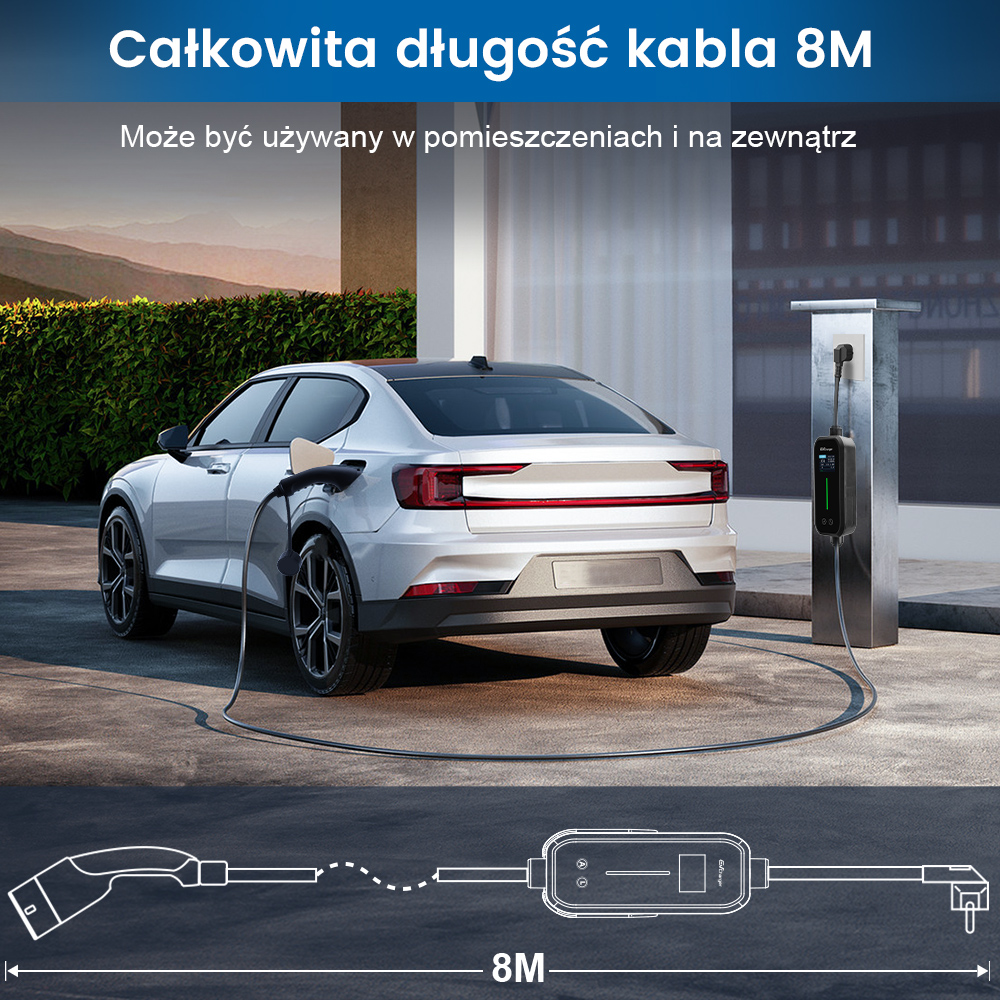 Srebrny samochód elektryczny ładuje się na stacji. Kabel 8M.