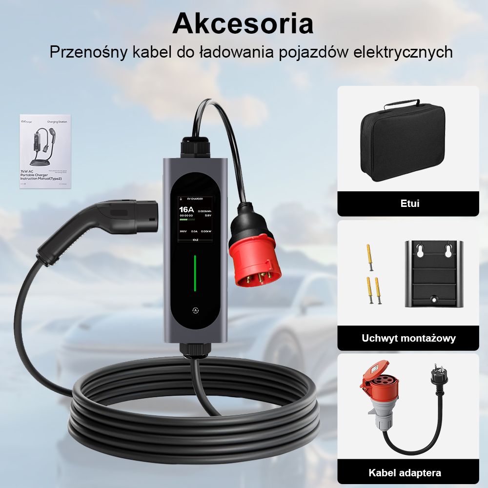 Przenośny kabel do ładowania pojazdów elektrycznych z cyfrowym wyświetlaczem.