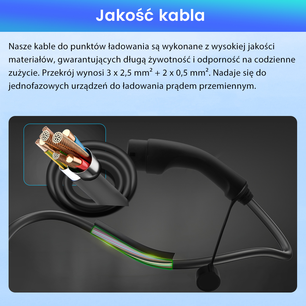 Czarny kabel ładujący z odsłoniętymi miedzianymi przewodami i kolorowymi żyłkami.