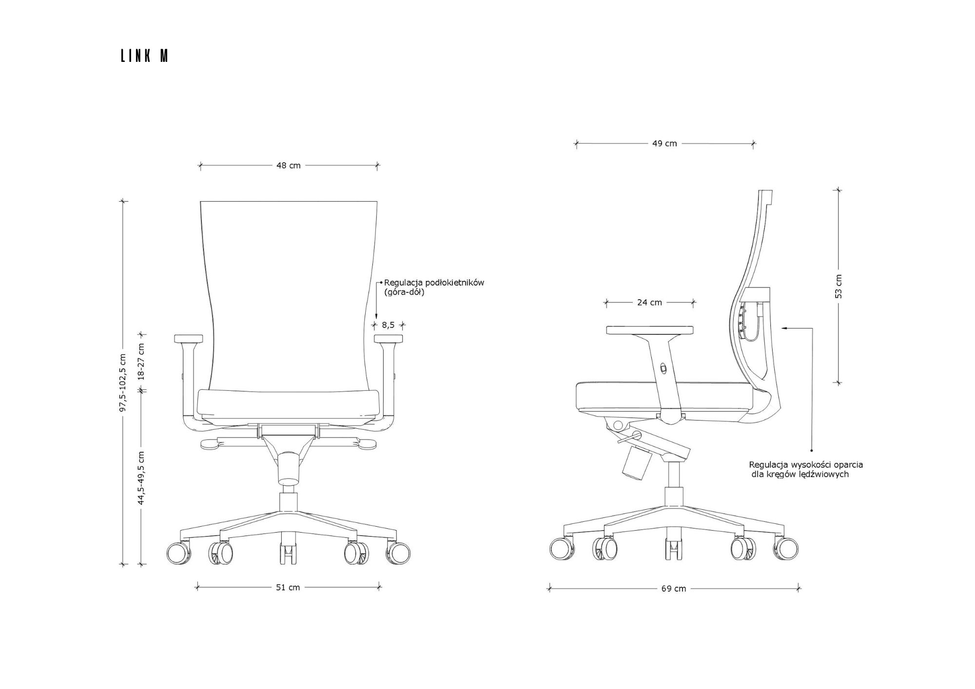 Rysunek techniczny krzesła biurowego z wymiarami i detalami regulacji.