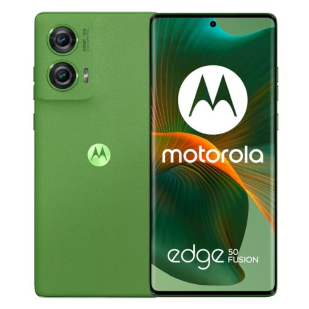 Zielony smartfon Motorola Edge 50 Fusion, widok przodu i tyłu.