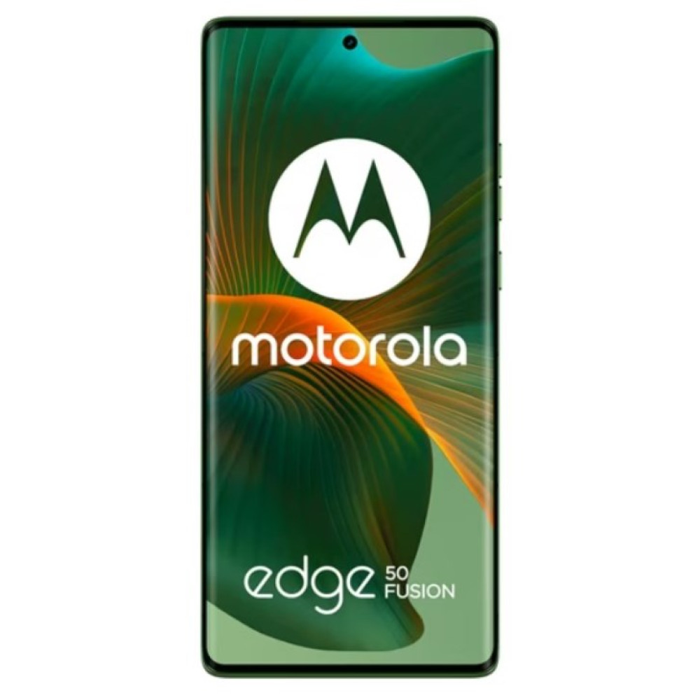 Czarny smartfon Motorola Edge 50 Fusion z zielono-pomarańczową abstrakcyjną tapetą i logo Motorola.