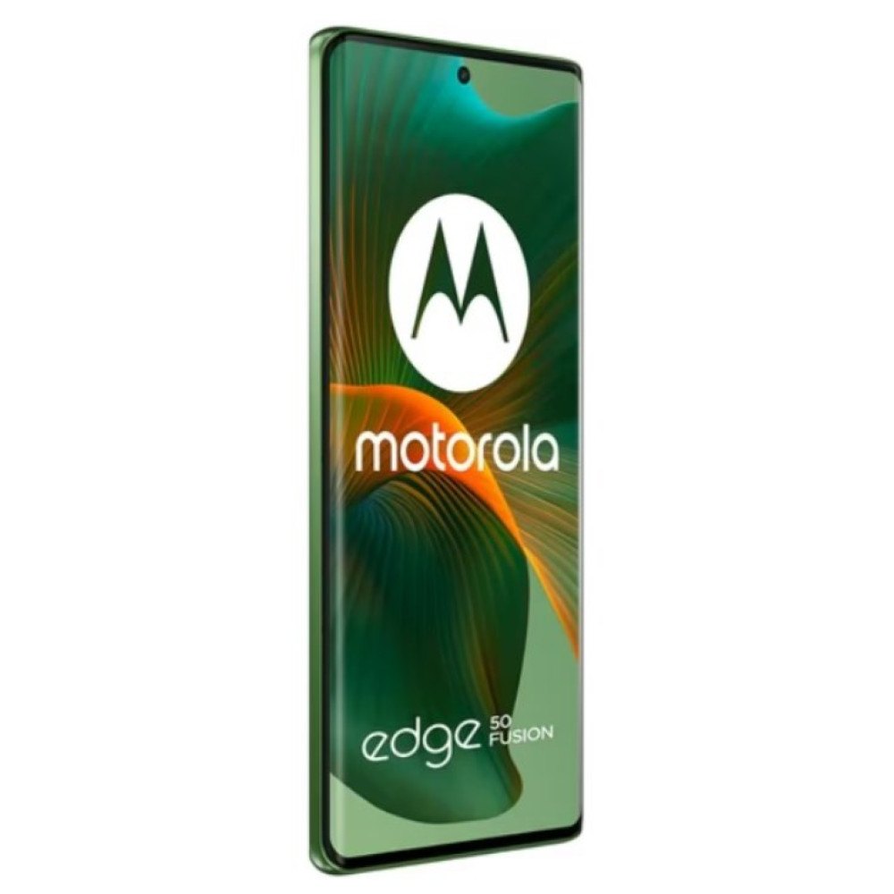 Zielony smartfon Motorola Edge 50 Fusion z logo na ekranie.