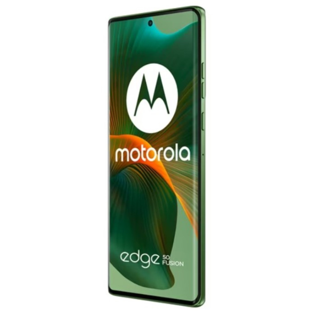 Zielony smartfon Motorola Edge 50 Fusion z logo Motorola.