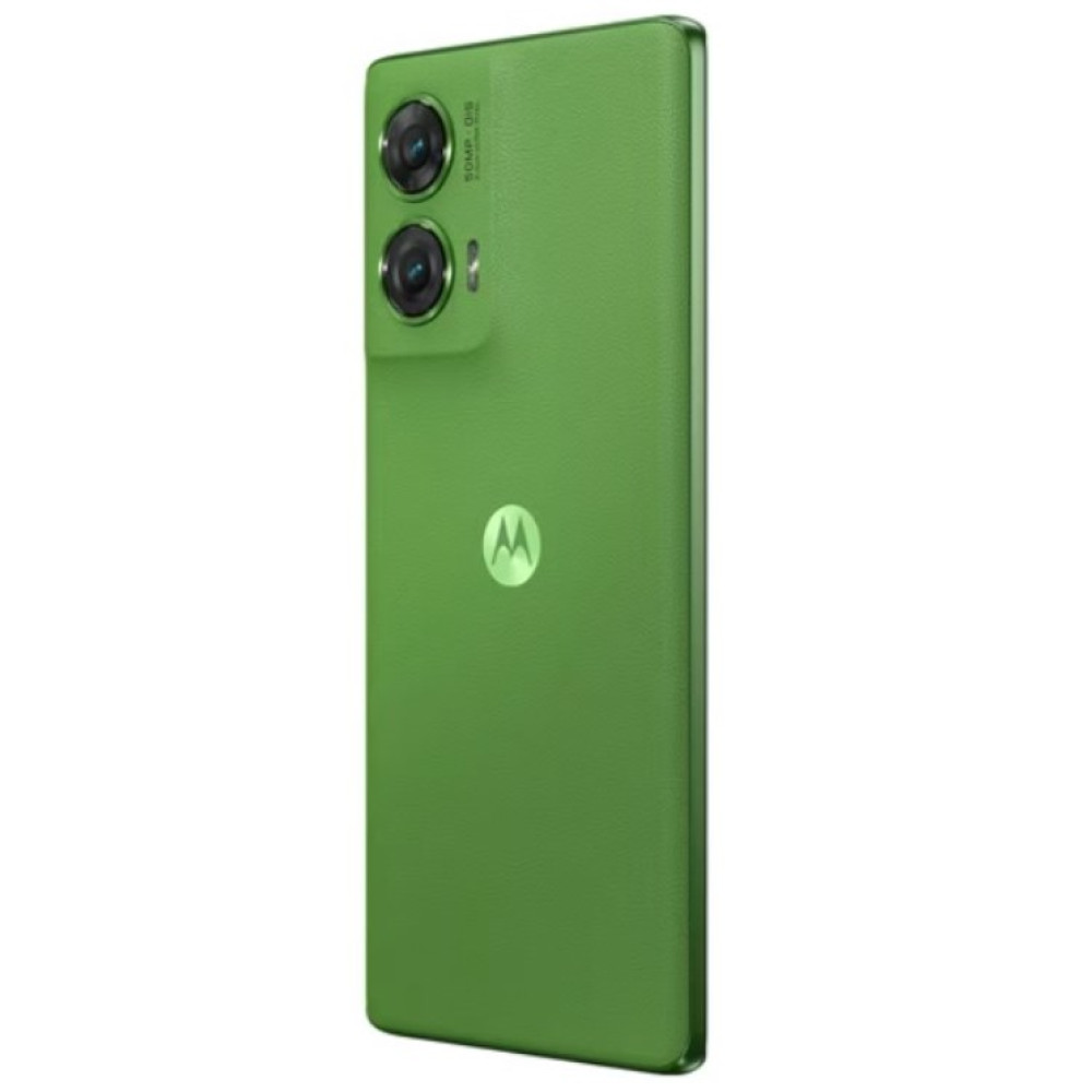 Zielony smartfon z dwoma aparatami i logo Motorola.