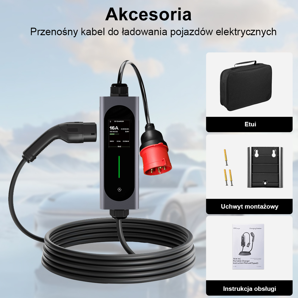 Przenośny kabel do ładowania EV z jednostką sterującą, torbą i uchwytem.