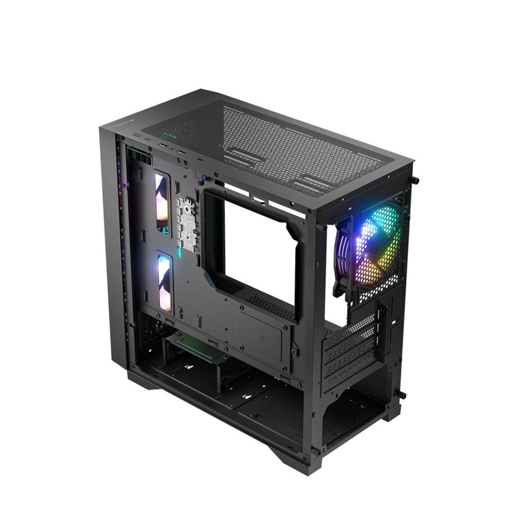 Czarna obudowa komputera z wentylatorem RGB i siatkowym panelem górnym.