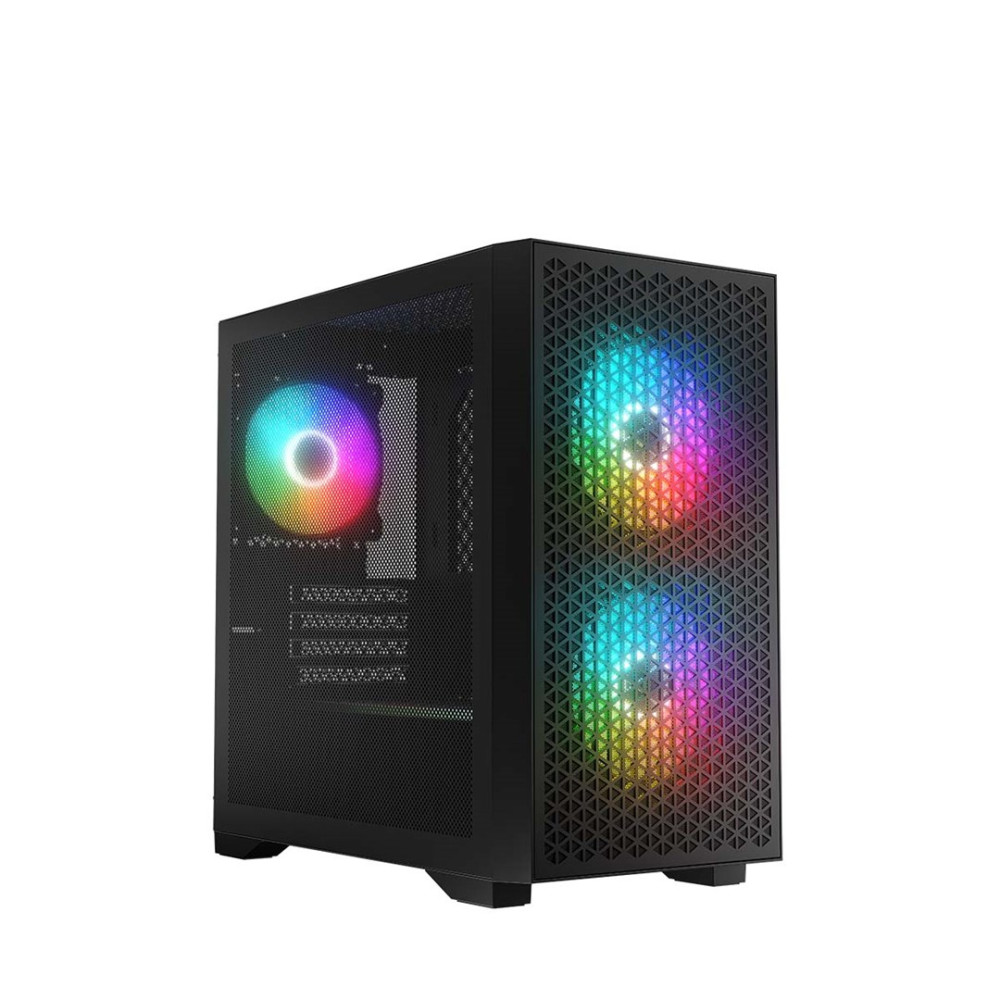 Czarna obudowa PC z wentylatorami RGB z przodu i po lewej.