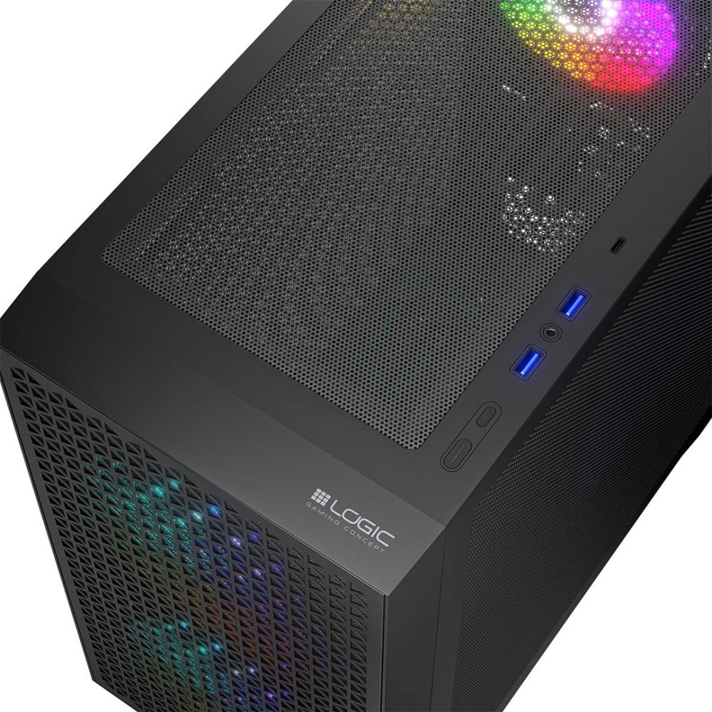 Czarna obudowa komputera gamingowego z podświetleniem RGB i portami USB.