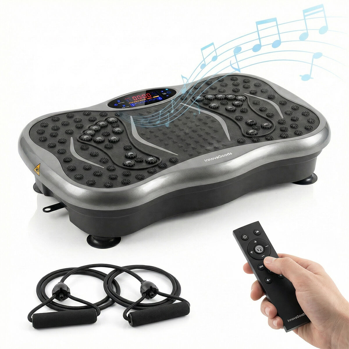 Vibrationsplatte mit Fernbedienung und Widerstandsbändern. Musiknoten schweben.