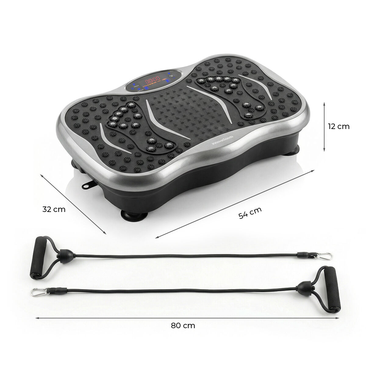 Vibrationsplatte mit Display und zwei Widerstandsbändern auf weißem Hintergrund.