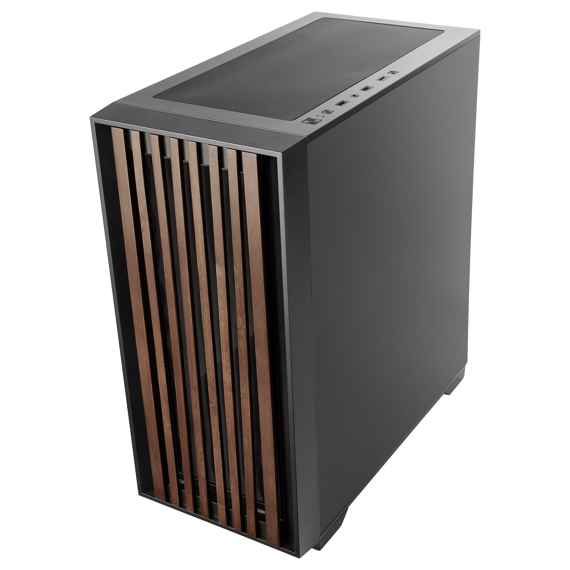 Ciemnoszara obudowa PC z frontem z drewnianych listew i kratką wentylacyjną.