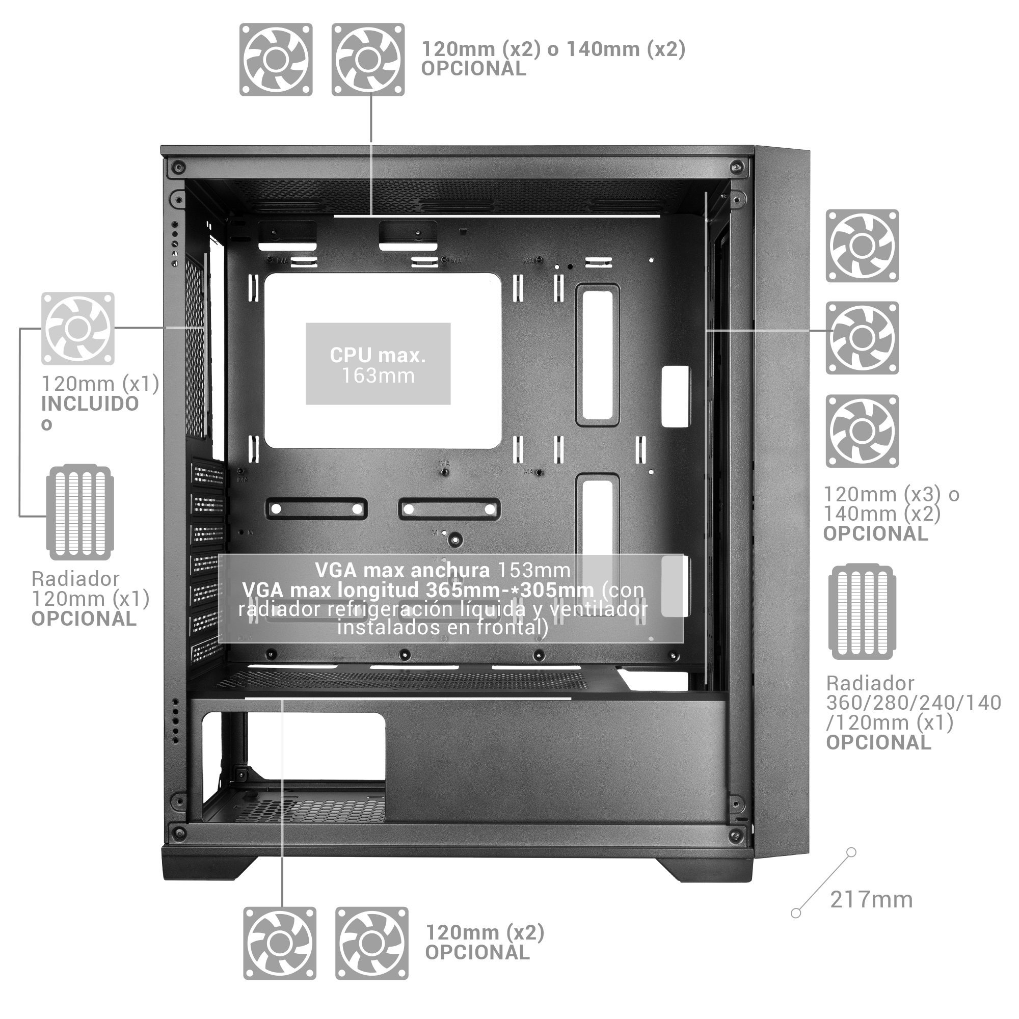 Obudowa PC z opcjami wentylatorów: Góra 2x120/140mm, bok 1x120mm w zestawie, przód 3x120/2x140mm.