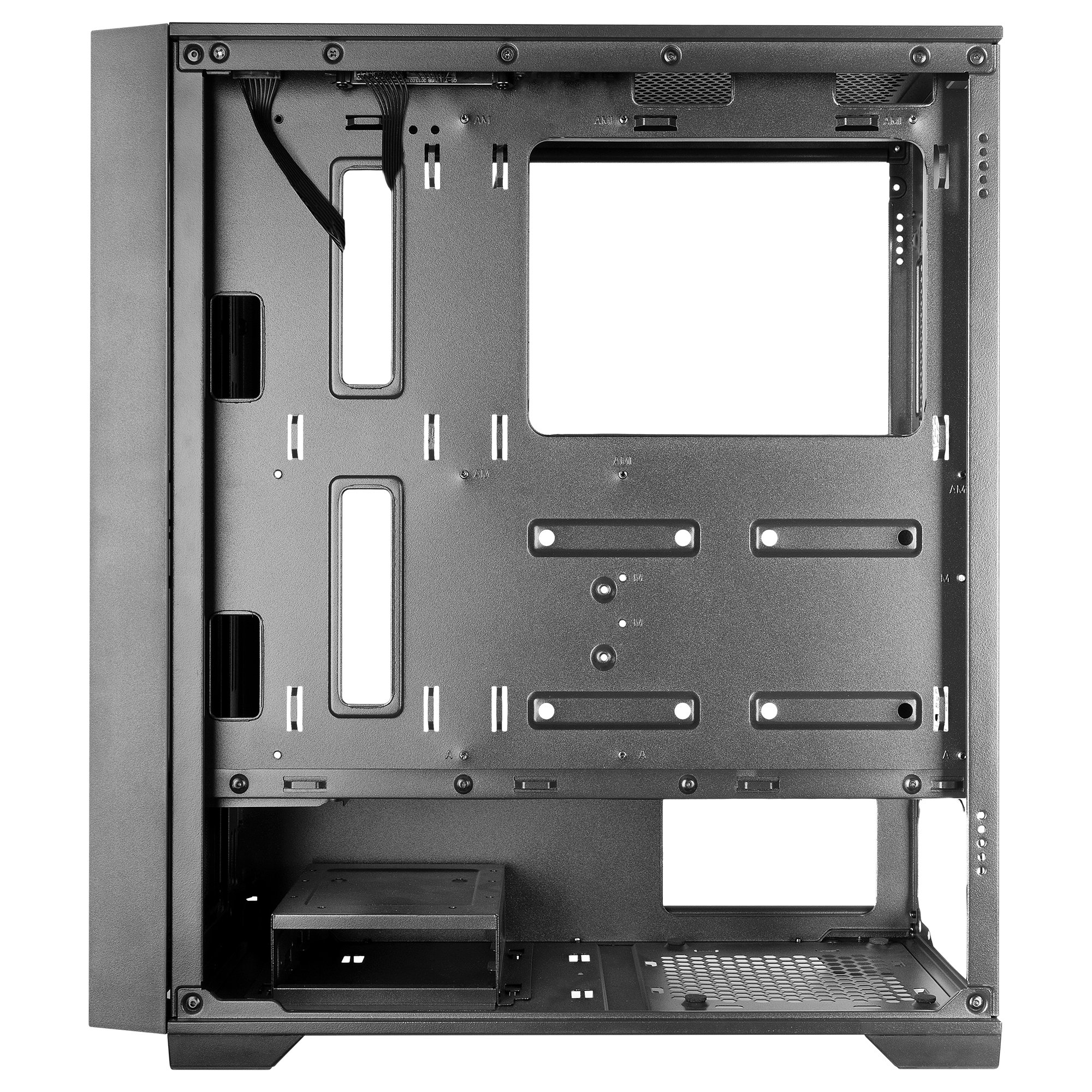 Wnętrze czarnej obudowy komputera z widocznymi kablami i punktami montażowymi.