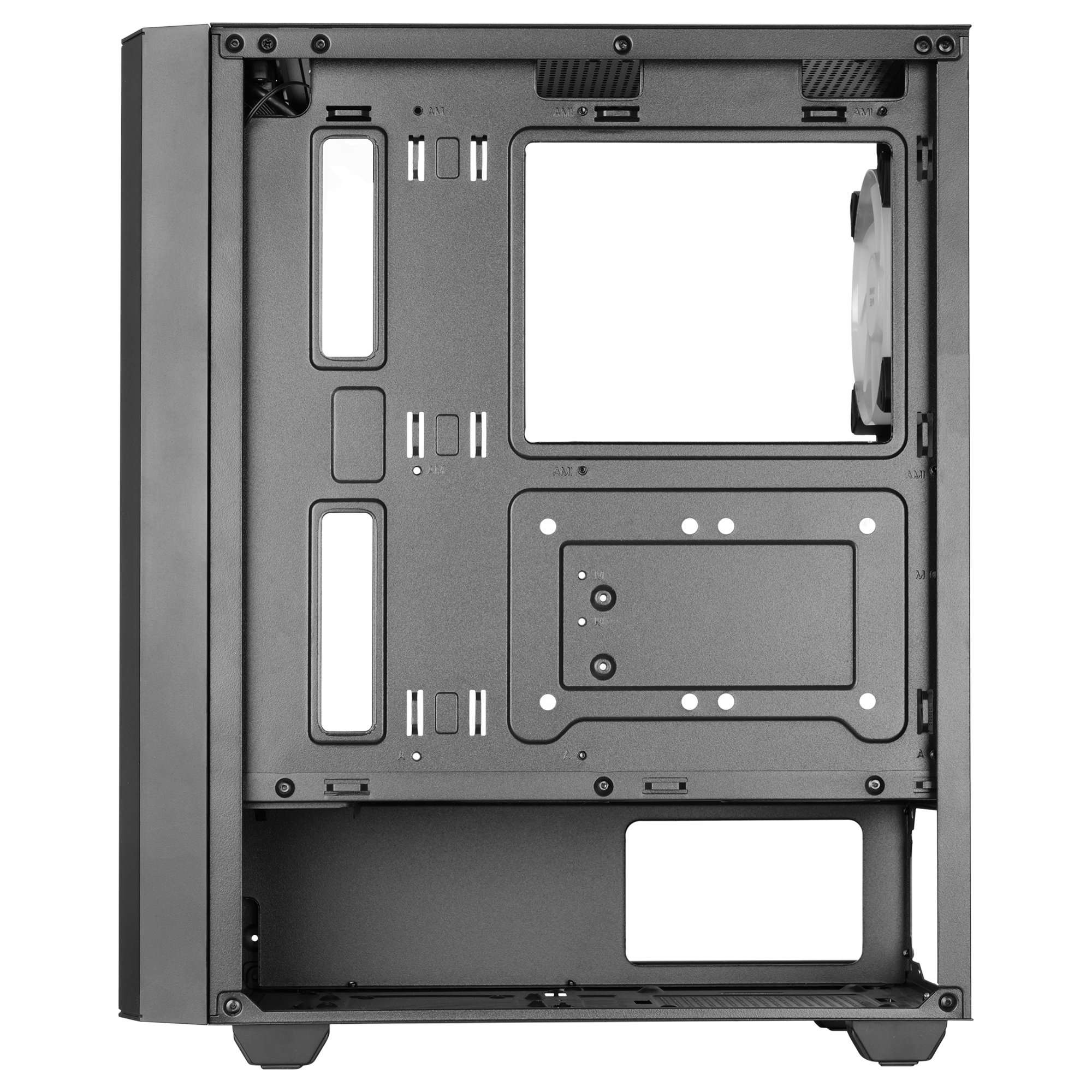 Interno di un case PC grigio vuoto con ventola e punti di montaggio.