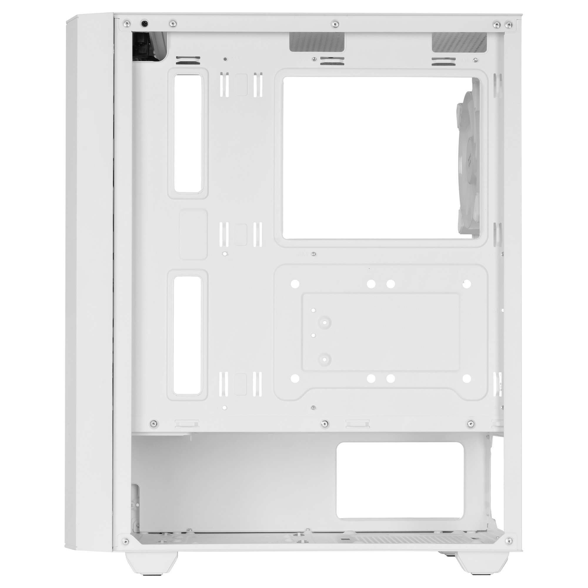 Vista interna di un case per computer bianco con supporto ventola e fori di montaggio.