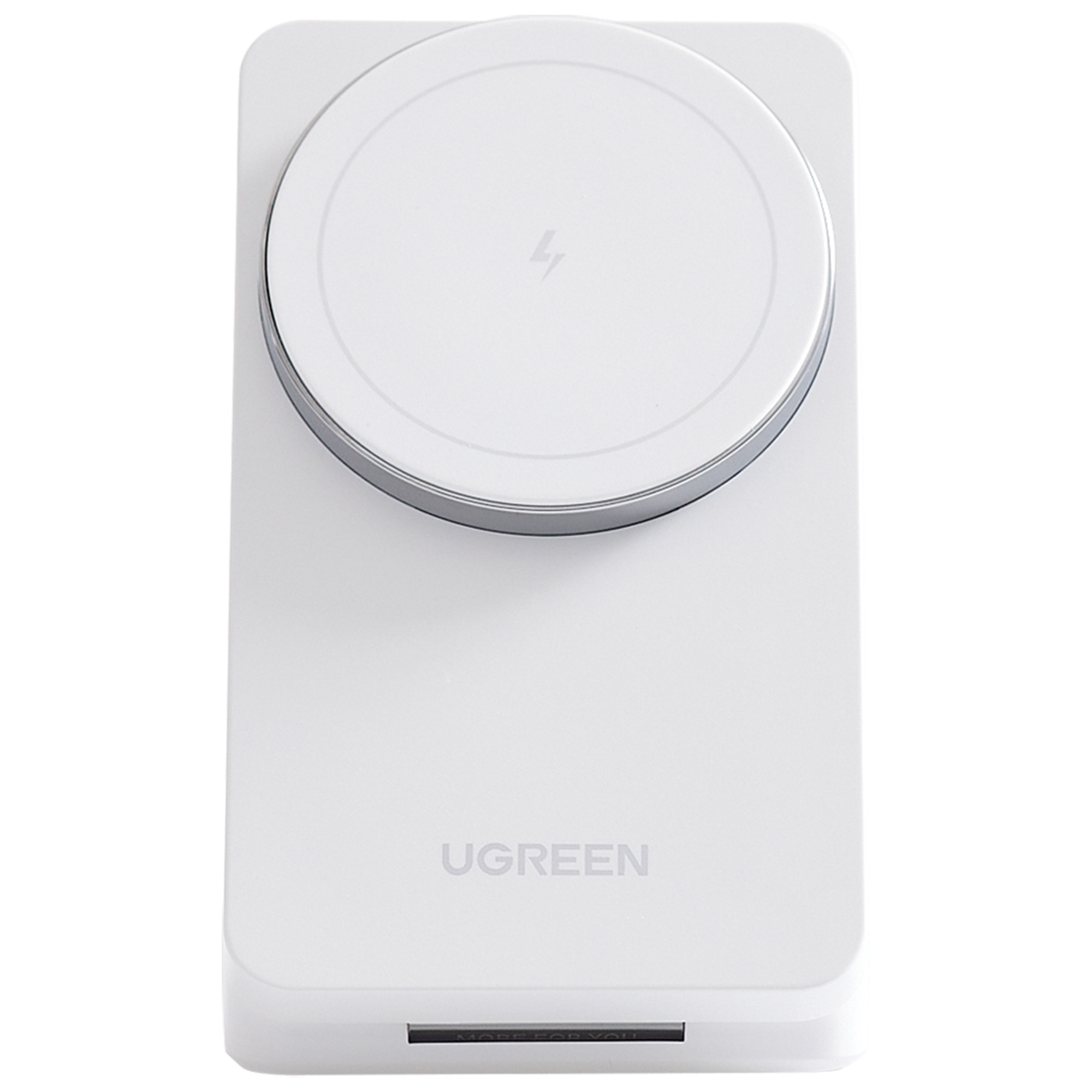 Biała ładowarka MagSafe z srebrną ramką i ikoną błyskawicy.