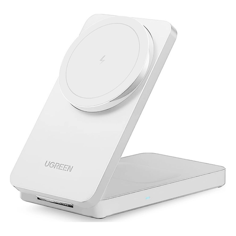 Biała ładowarka UGREEN z okrągłą podkładką ładującą i symbolem błyskawicy.