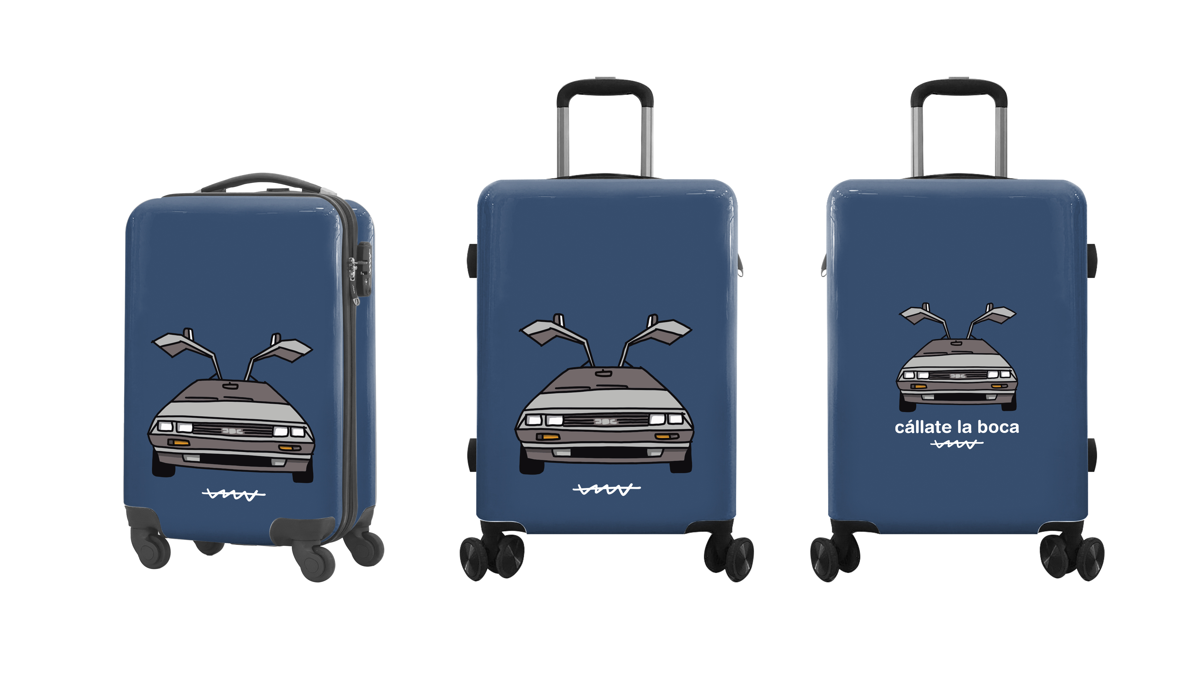 Tres maletas azul oscuro con un dibujo de un coche DeLorean DMC-12.