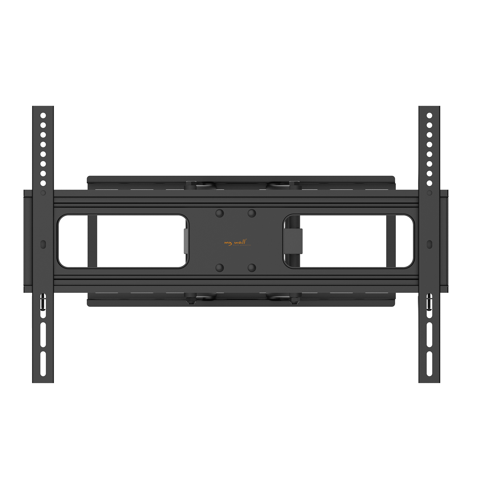 Schwarze TV-Wandhalterung mit verstellbaren Armen und Lochmuster für Montage.
