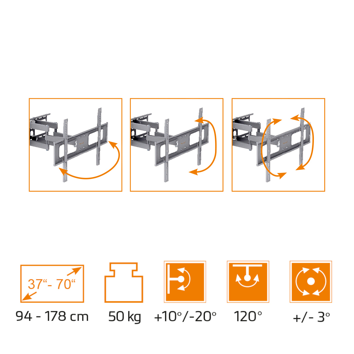 TV-Wandhalterung für 37-70 Zoll Bildschirme, 50 kg, Schwenk-/Neigefunktion.
