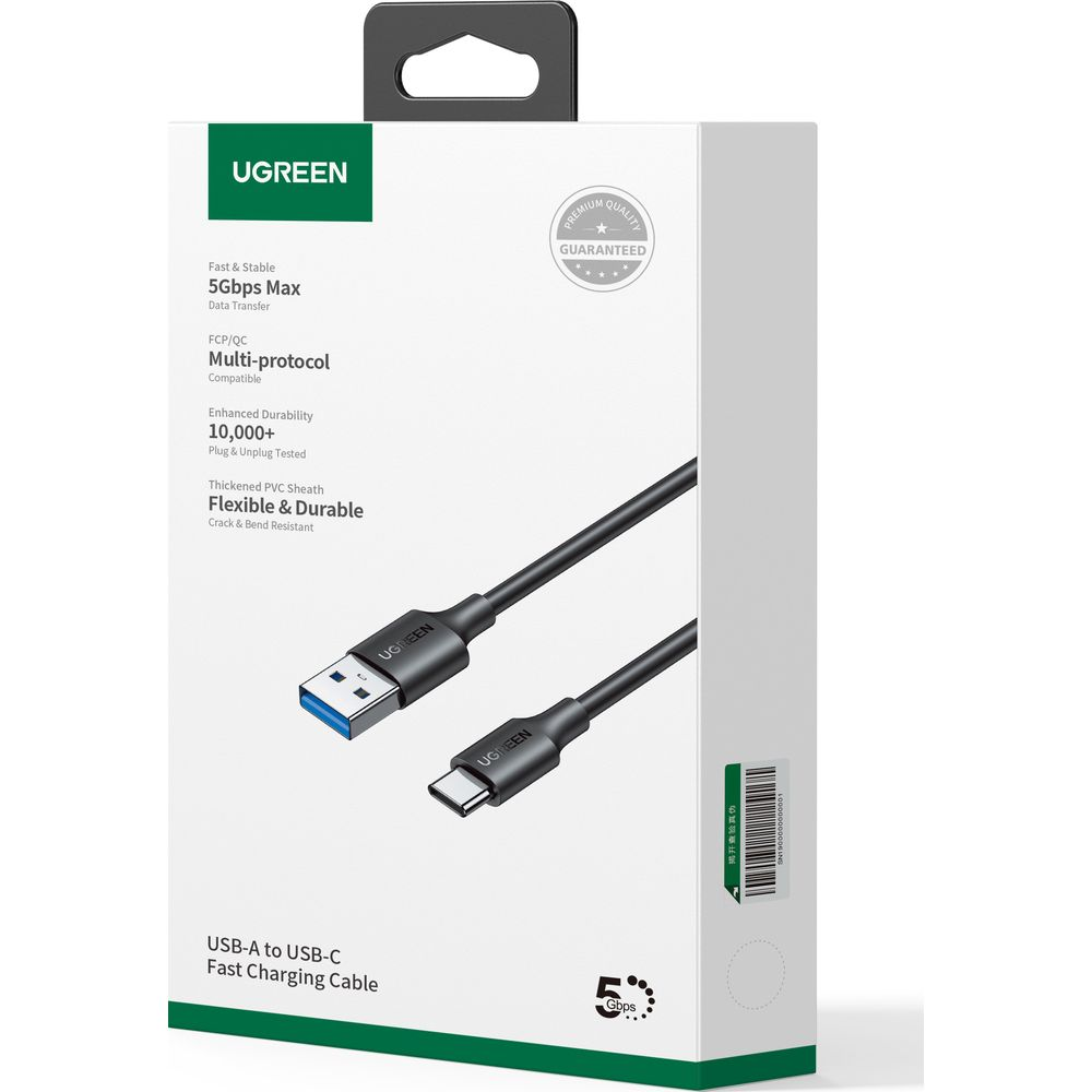 Kabel UGREEN USB-A do USB-C, 5 Gbps, elastyczny i trwały.