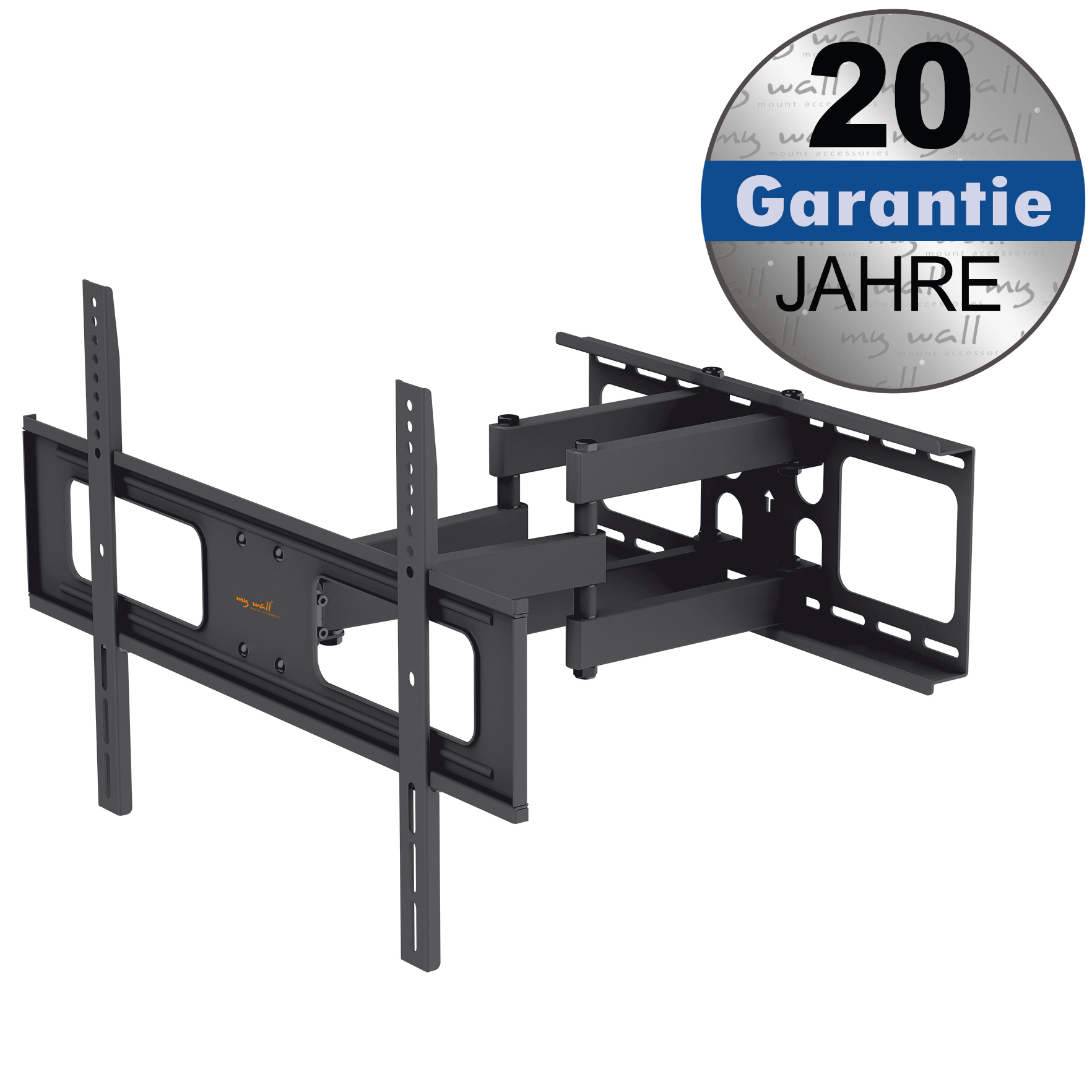 Schwarze Wandhalterung mit 20 Jahre Garantie-Siegel.