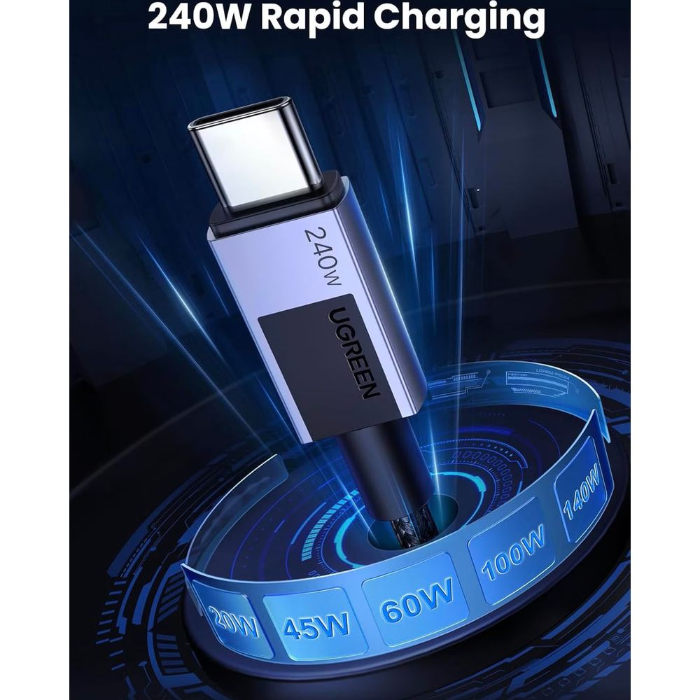 Wtyczka ładowania USB-C 240W otoczona wskaźnikami mocy.