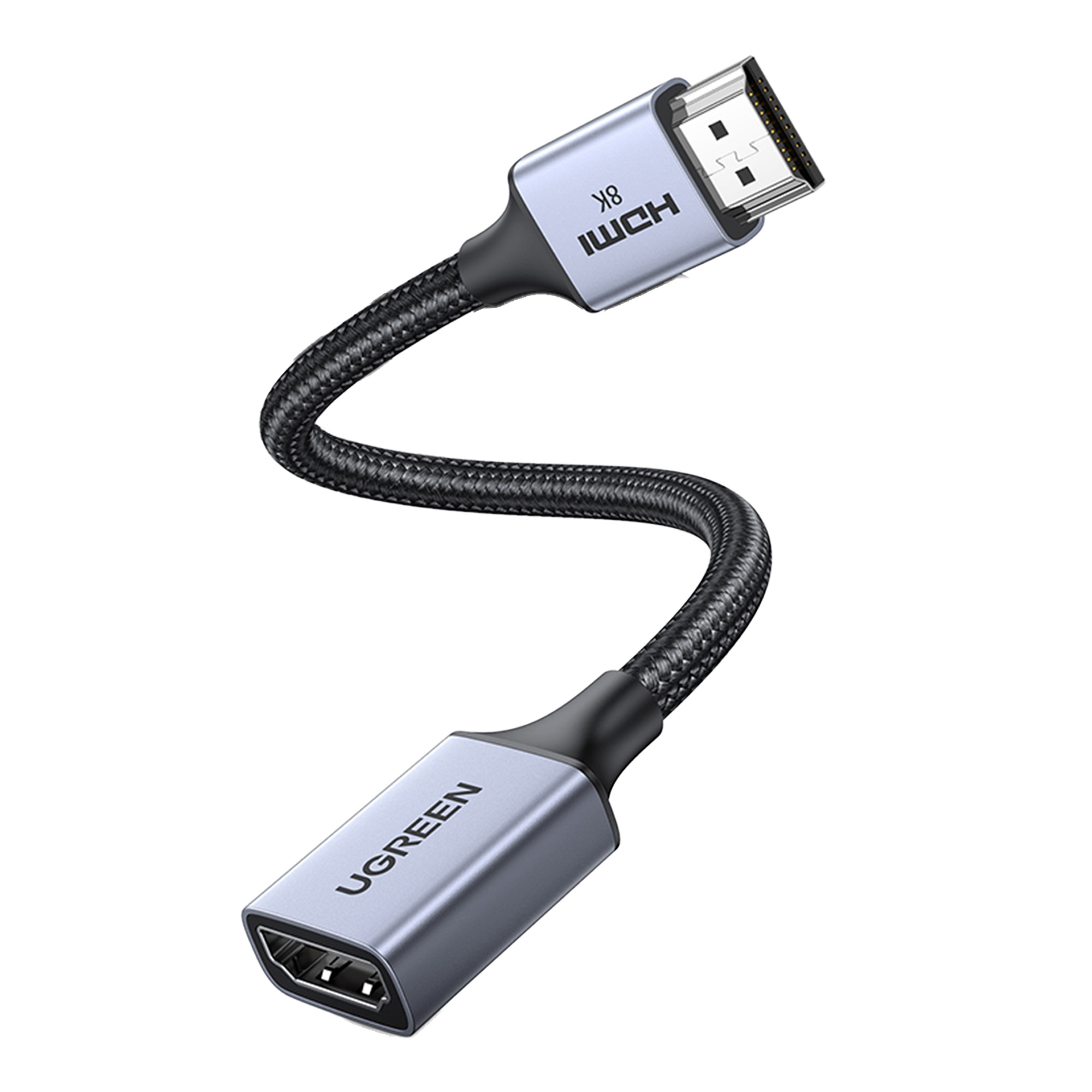Srebrny adapter HDMI z czarnym plecionym kablem, z napisem 8K.