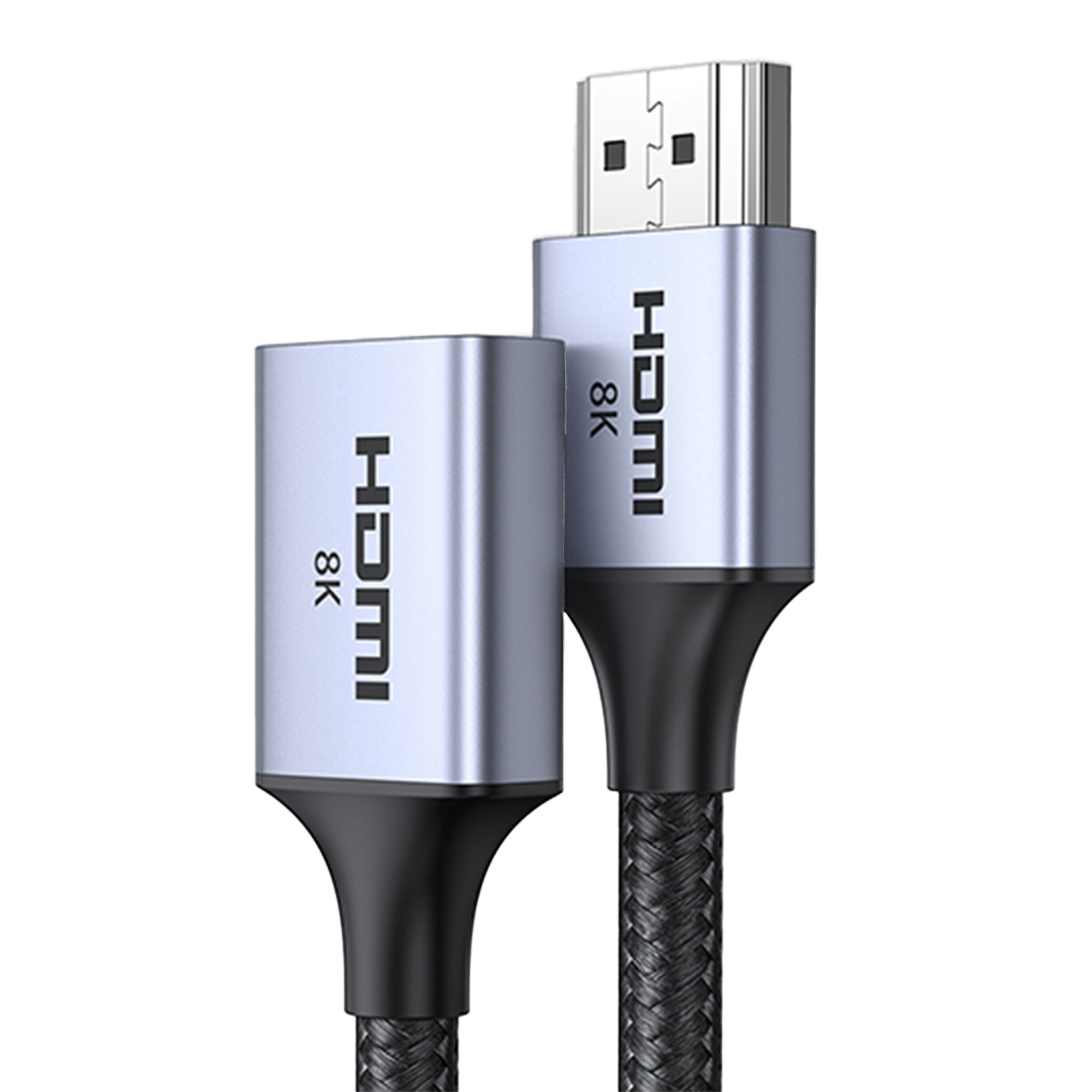 Dwa złącza kabla HDMI z oznaczeniem 8K na białym tle.
