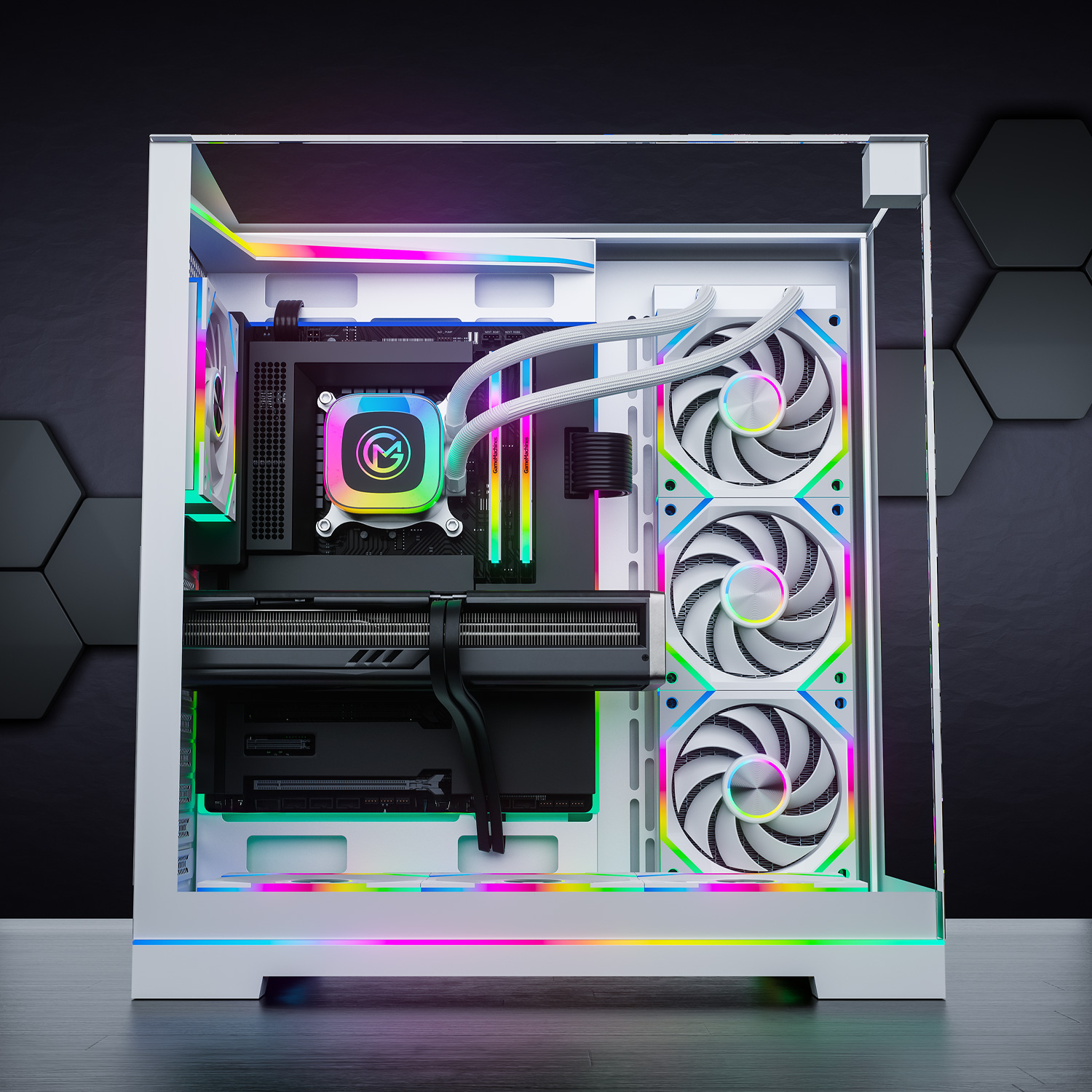 Ein weißer Computer-Tower mit RGB-Beleuchtung, der auf einem dunklen Schreibtisch steht.