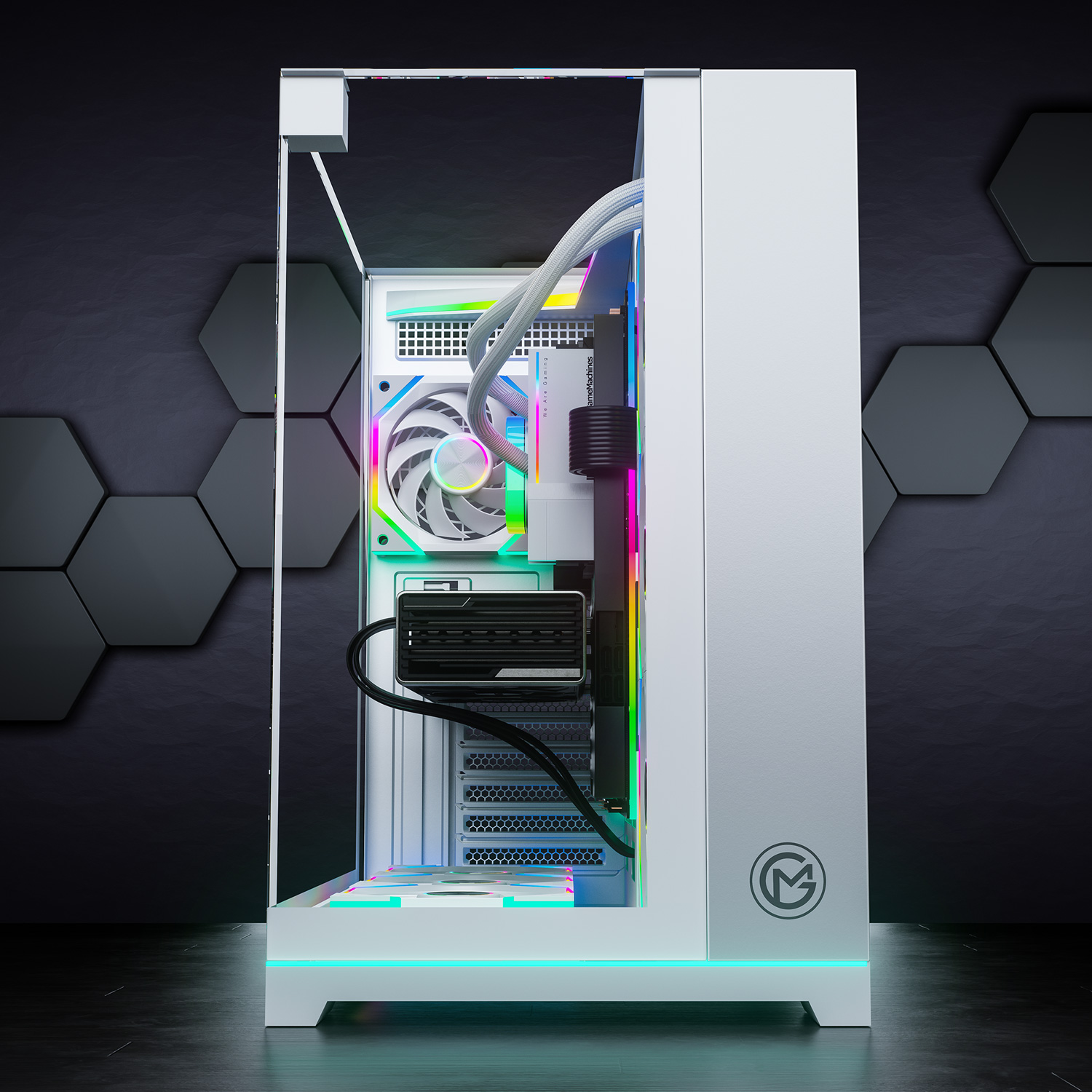 Ein weißer PC-Gehäuse mit RGB-Beleuchtung, Wasserkühlung und sichtbaren Komponenten.