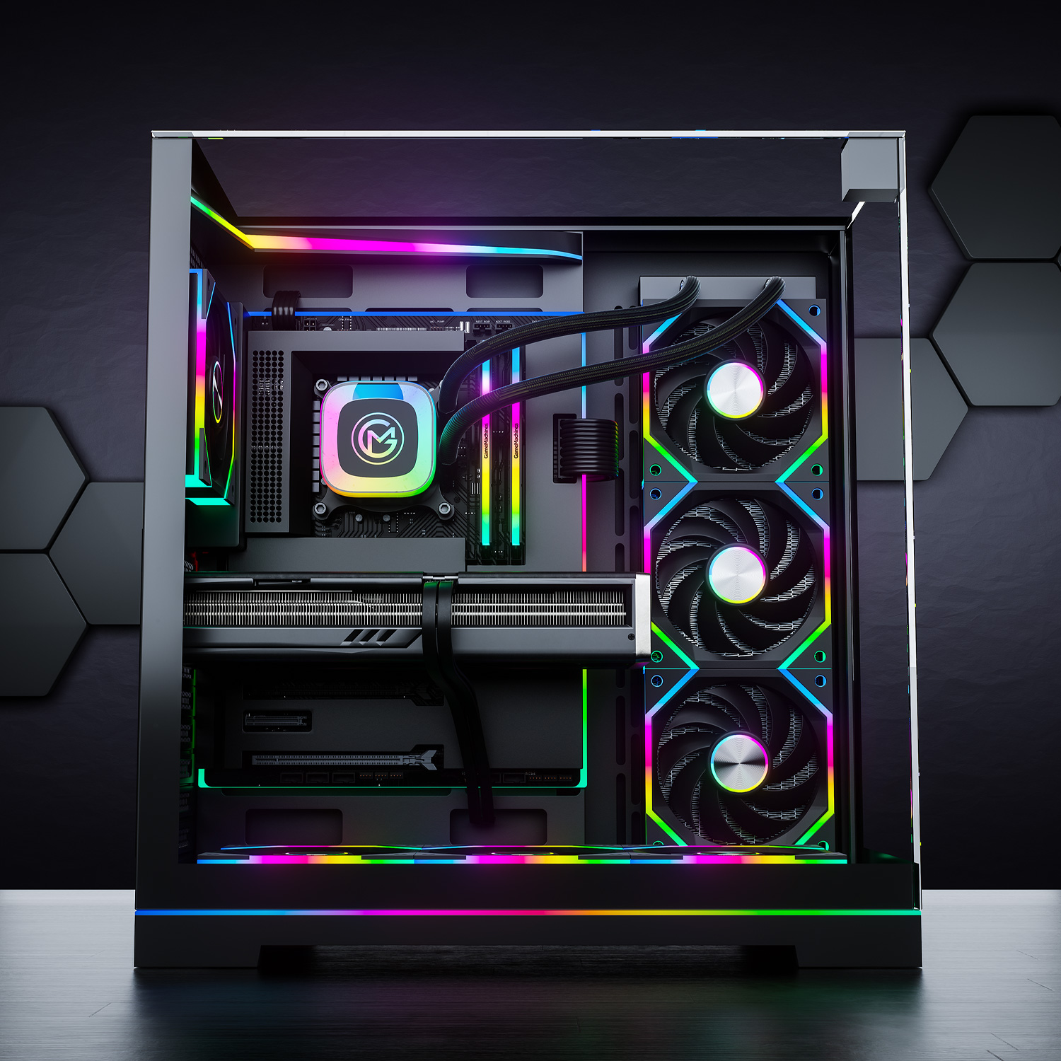 Ein leistungsstarker PC mit RGB-Beleuchtung, Lüftern und Wasserkühlung.