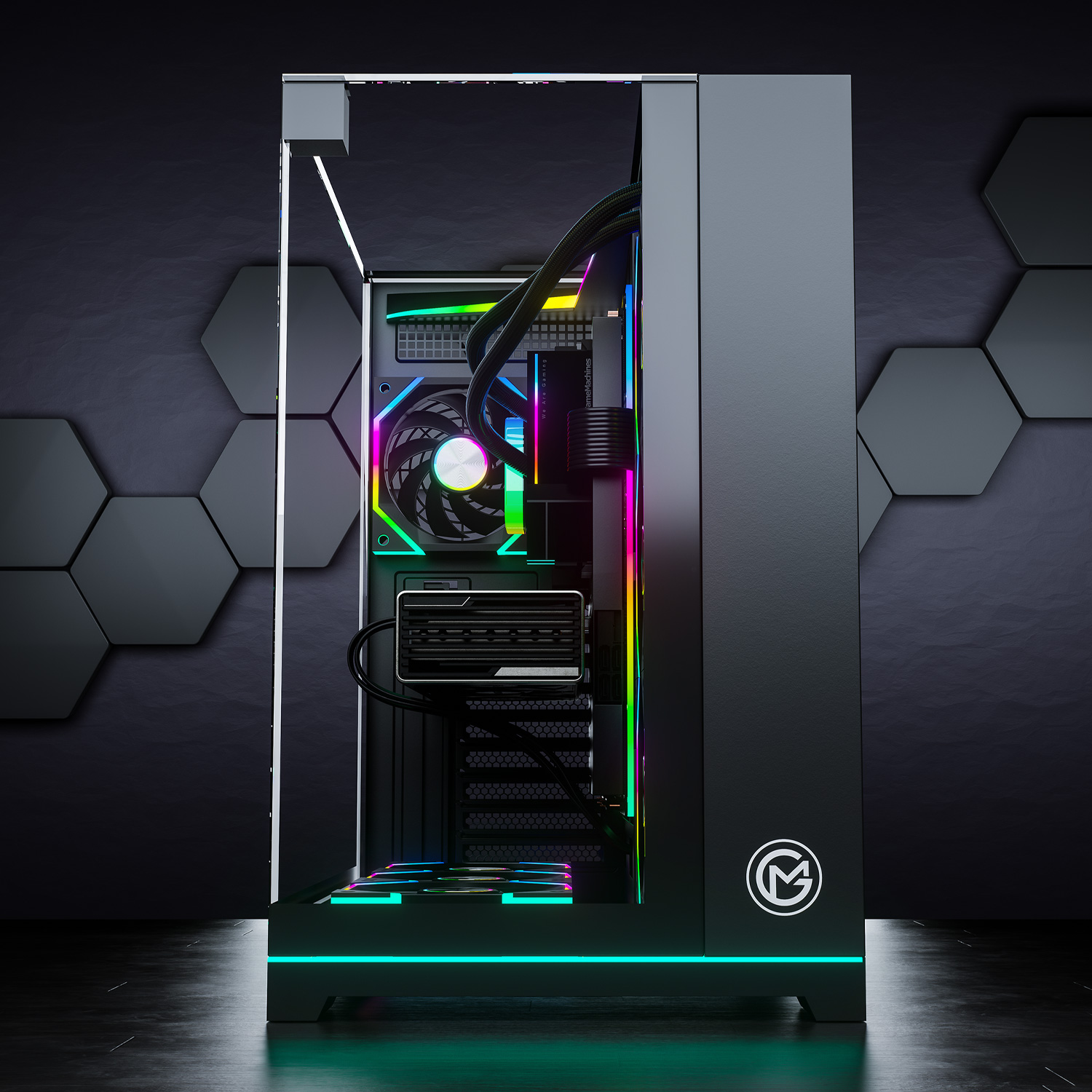 Ein schwarzer PC-Tower mit RGB-Beleuchtung und Glasfront auf einem dunklen Boden.