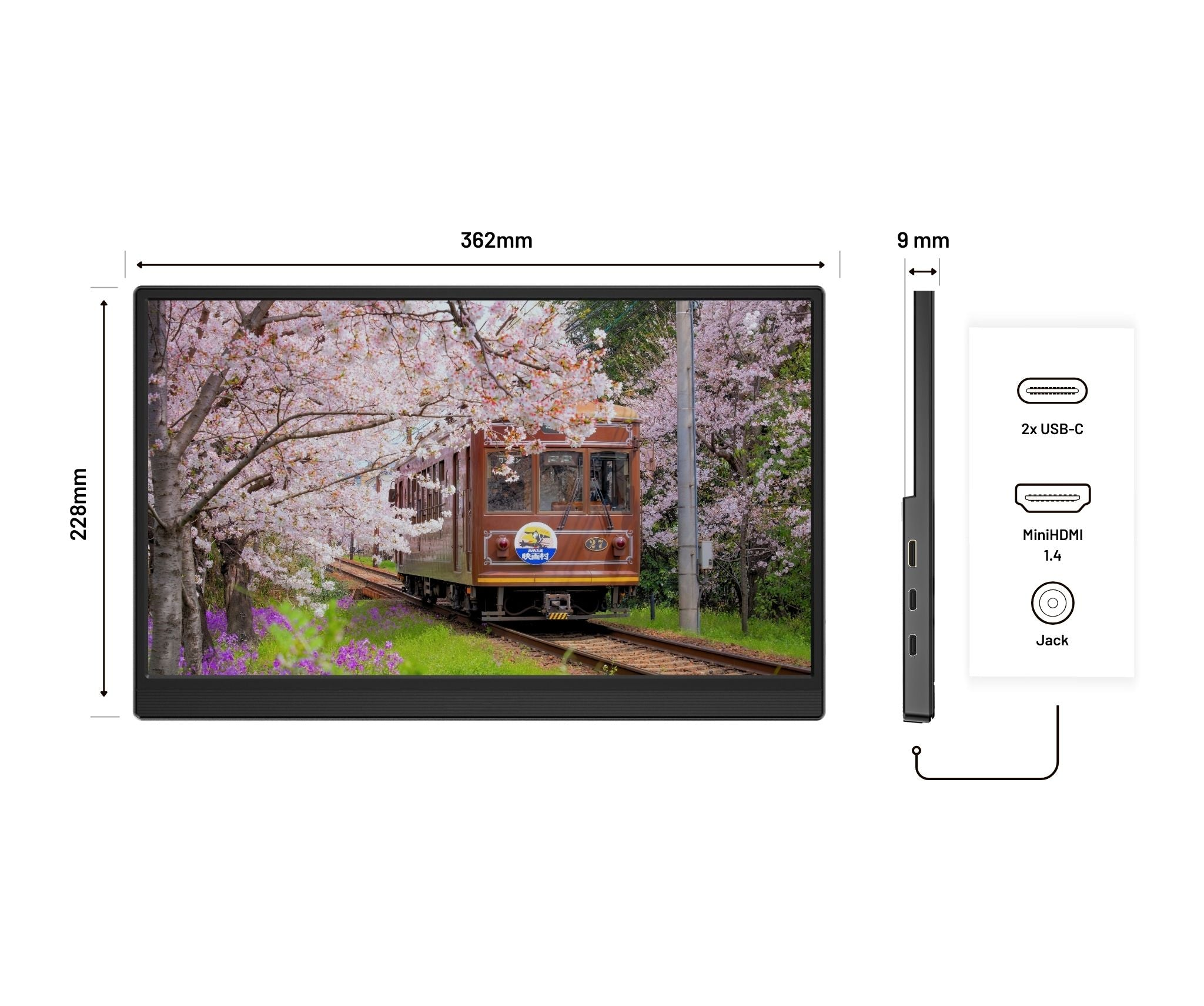 Pantalla plana con tren entre cerezos en flor, dimensiones 362x228mm, 9mm grosor.