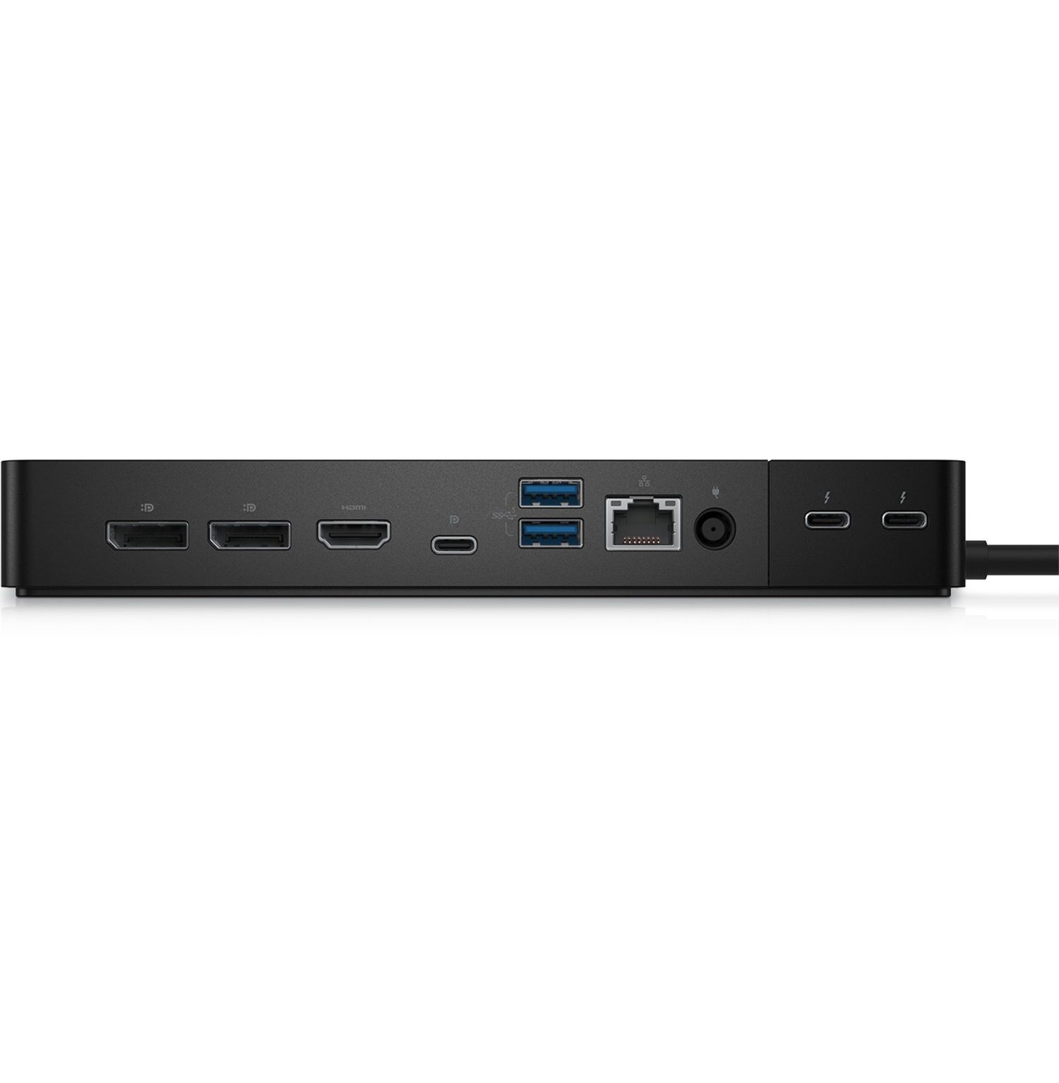 Schwarzer Dockingstation mit Anschlüssen: DisplayPort, HDMI, USB-C, USB-A, Ethernet und Strom.