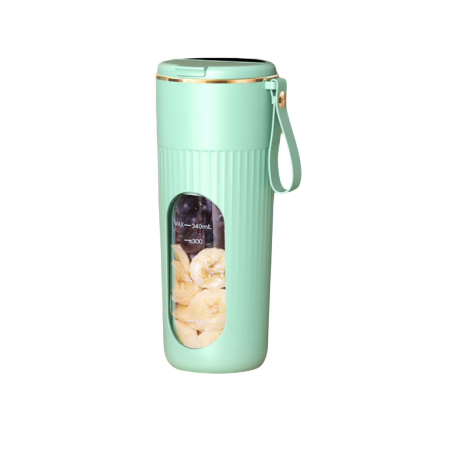 Ein hellgrüner Mixer mit Bananenscheiben im Sichtfenster.
