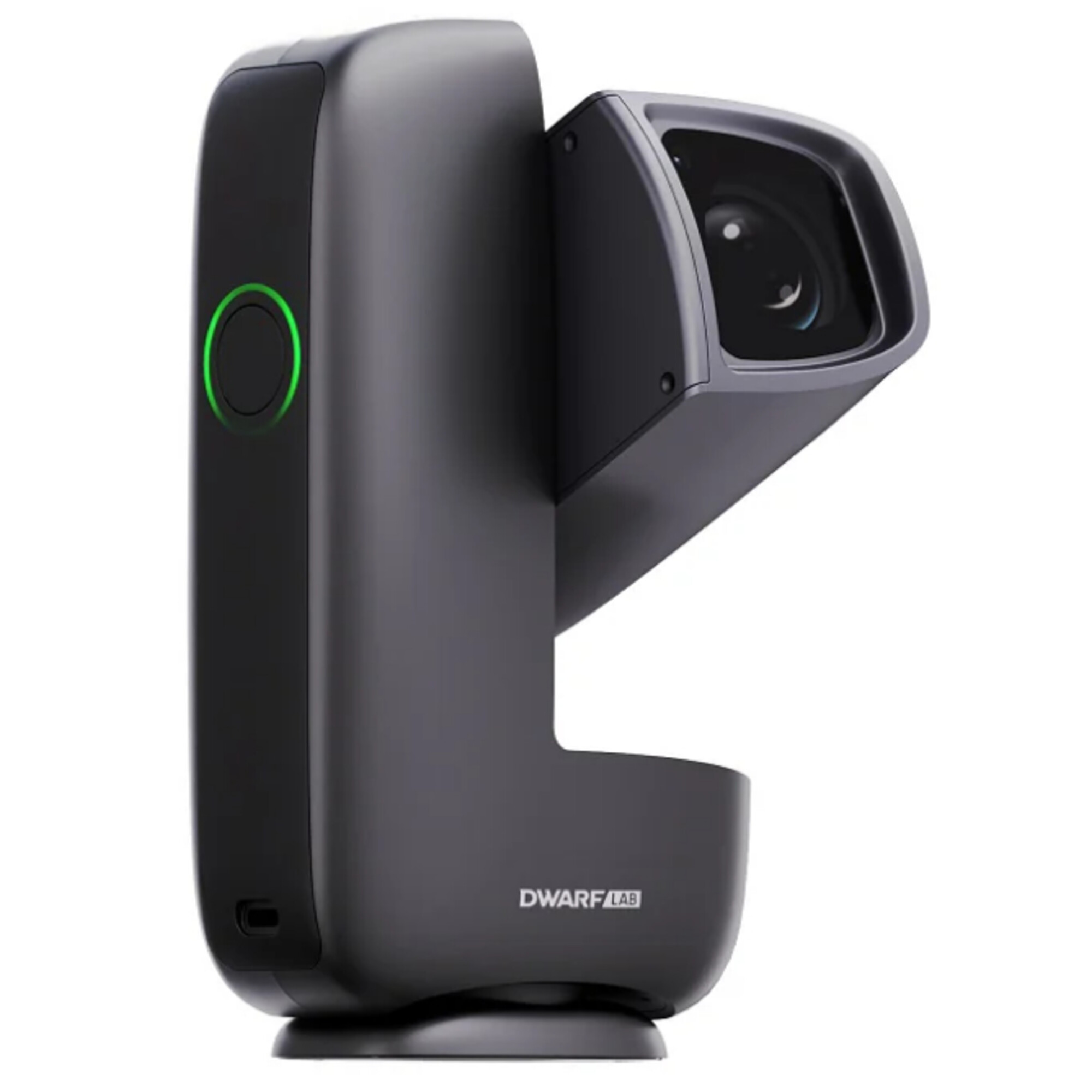 Ein schwarzer 3D-Scanner mit einem grünen Ring und einer Linse.