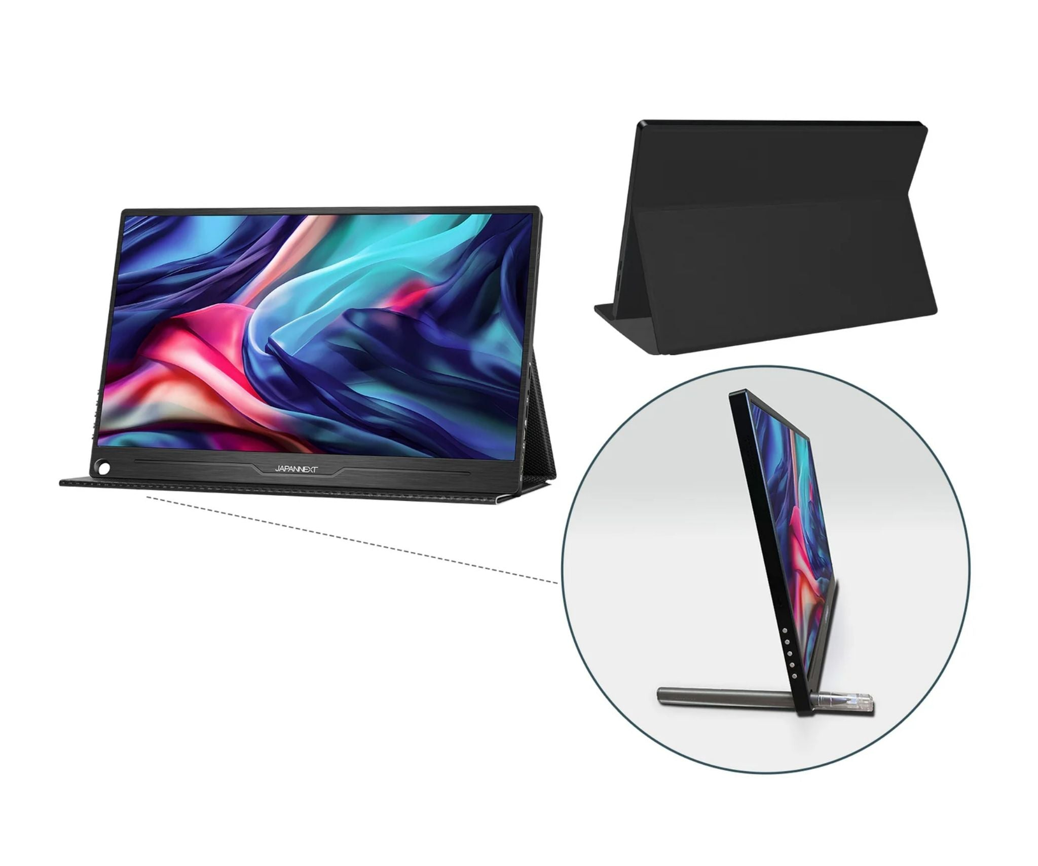 Ein tragbarer Monitor mit buntem Hintergrund wird gezeigt.