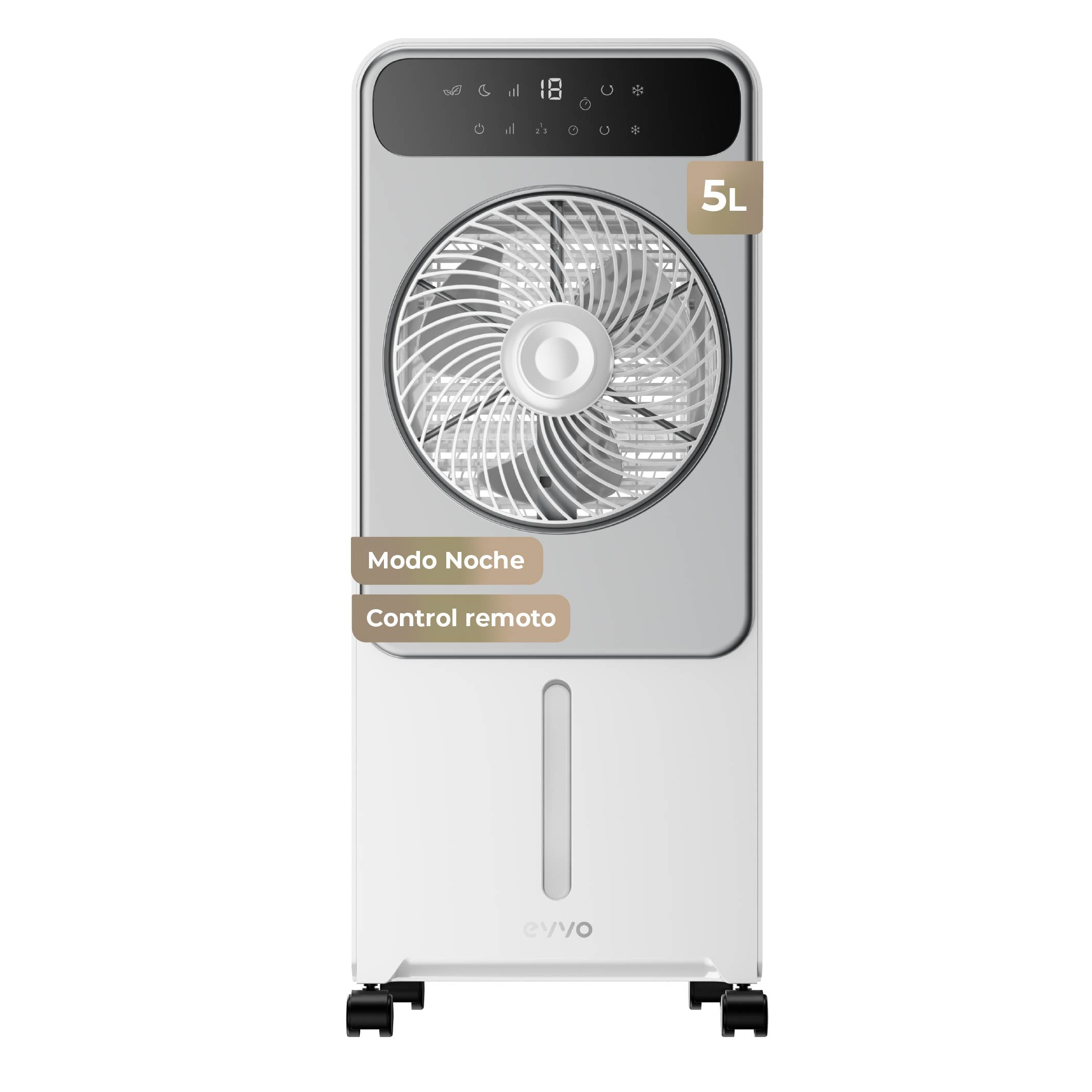 Enfriador de aire blanco de 5L con ventilador, pantalla digital y ruedas.