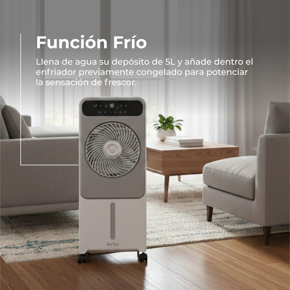 Un enfriador evaporativo blanco y gris está en una sala de estar con sofás y mesa de centro.