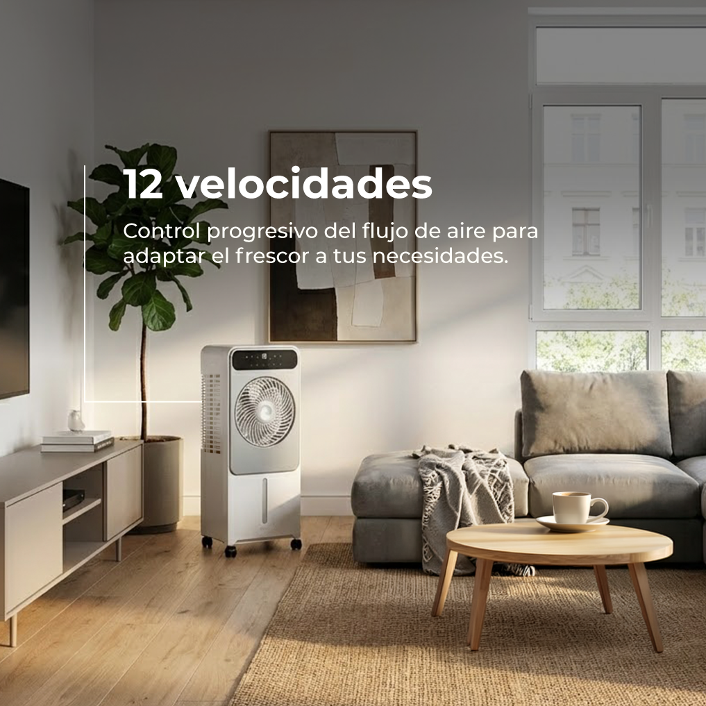 Un enfriador de aire blanco está en una sala de estar junto a un sofá y mesa.