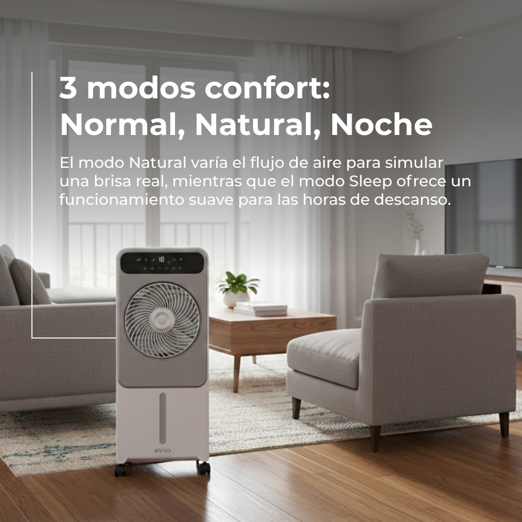 Un ventilador enfriador de aire en una sala de estar con sofás y mesa de centro.