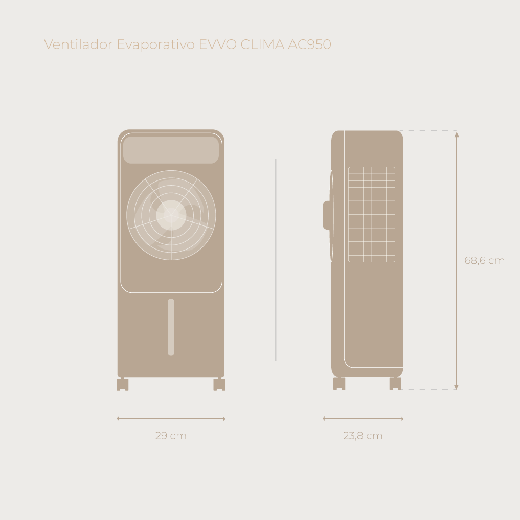 Un enfriador evaporativo beige con dimensiones: Al 68,6 cm, An 29 cm, Pr 23,8 cm.